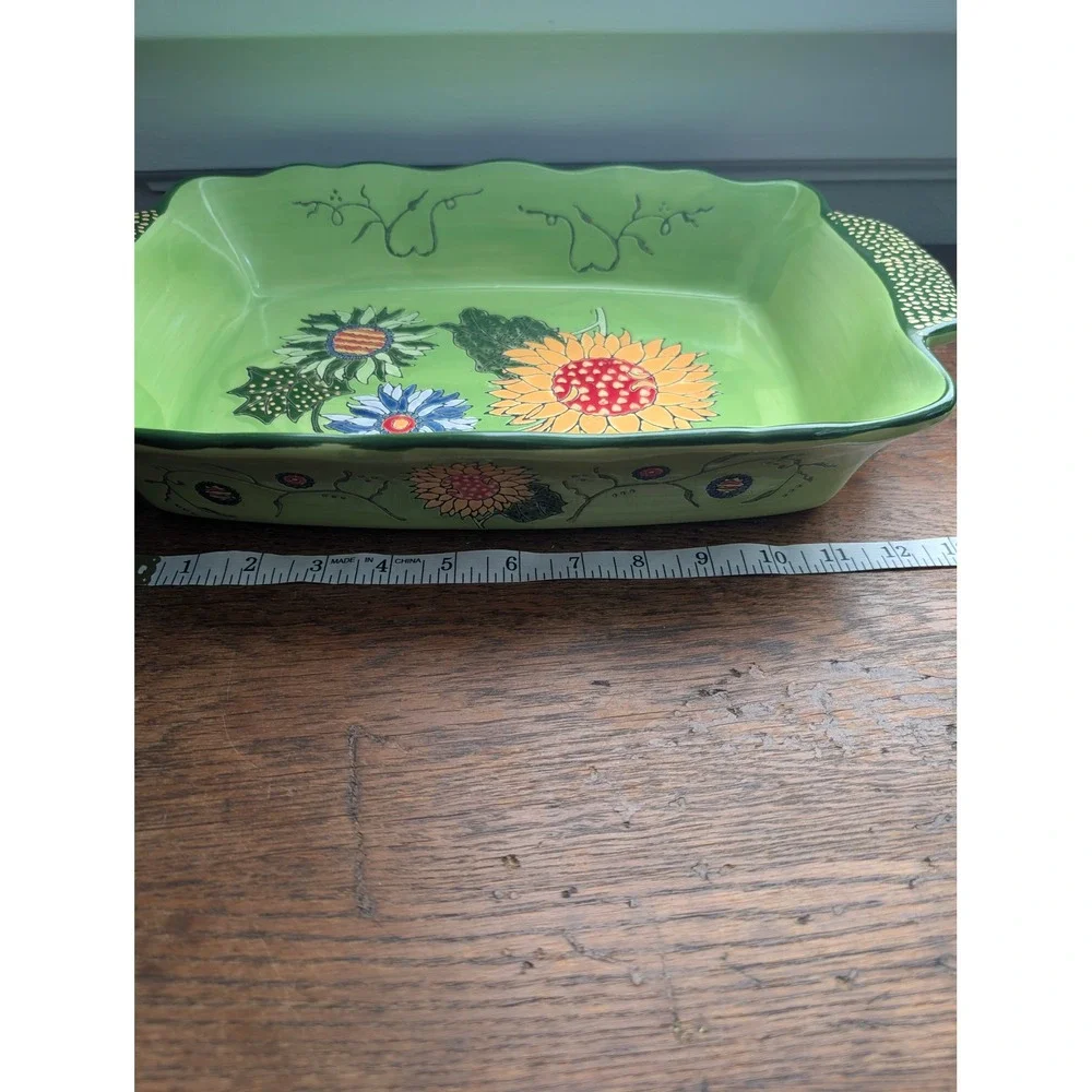 Blue Jean Chef Sunflower Ceramic Baker Set 2pc Green Floral Lasagna Casserole
